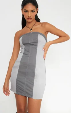 Grey Cargo Contrast Button Bandeau Bodycon Dress