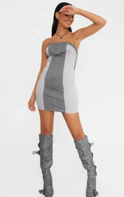 Grey Cargo Contrast Button Bandeau Bodycon Dress