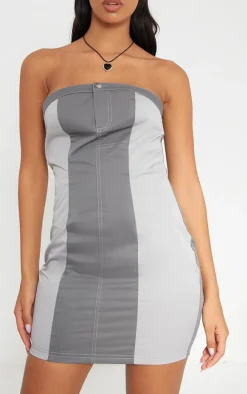 Grey Cargo Contrast Button Bandeau Bodycon Dress