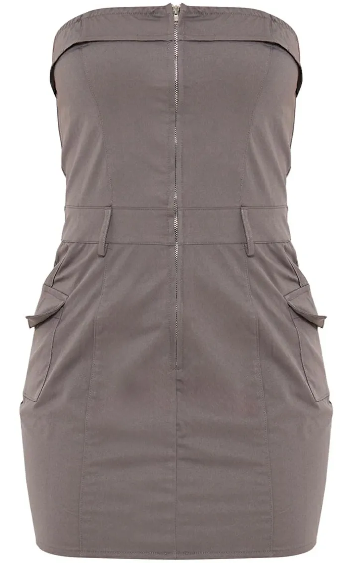 Grey Cargo Pocket Zip Up Bandeau Bodycon Dress