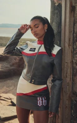 Grey Contrast Stripe Coated Denim Mini Skirt