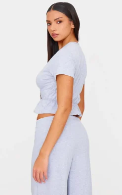 Grey Cotton Ruched Detail Crop Top