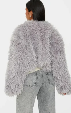 Grey Cropped Faux Fur Coat