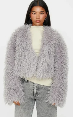 Grey Cropped Faux Fur Coat