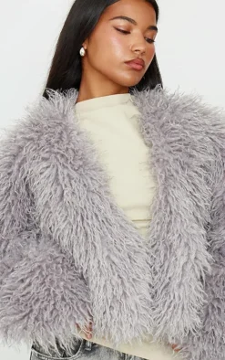 Grey Cropped Faux Fur Coat