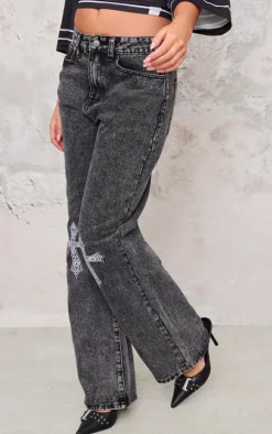 Grey Cross Detail Embroidered Denim Jeans