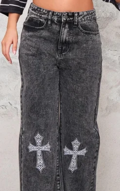 Grey Cross Detail Embroidered Denim Jeans