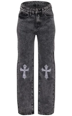 Grey Cross Detail Embroidered Denim Jeans