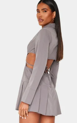 Grey Cut Out Back Long Sleeve Shift Dress
