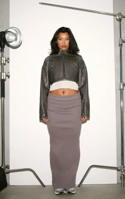 Grey Distressed Faux Leather Cropped Zip Front Biker Jacket