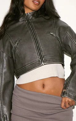 Grey Distressed Faux Leather Cropped Zip Front Biker Jacket