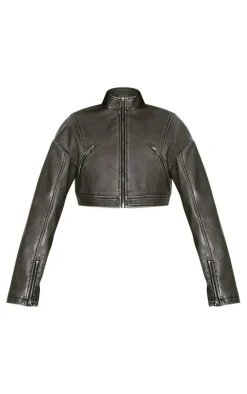 Grey Distressed Faux Leather Cropped Zip Front Biker Jacket