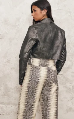 Grey Distressed Faux Leather Crop Jacket