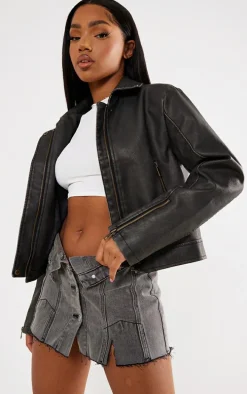 Grey Distressed Look Faux Leather Boxy Fit Biker Jacket