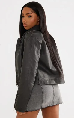Grey Distressed Look Faux Leather Boxy Fit Biker Jacket