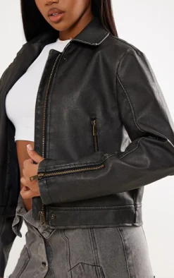 Grey Distressed Look Faux Leather Boxy Fit Biker Jacket