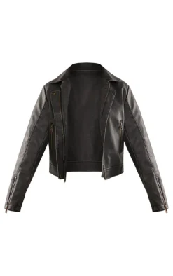 Grey Distressed Look Faux Leather Boxy Fit Biker Jacket