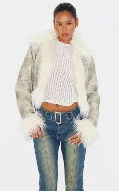 Grey Distressed PU Faux Fur Cuff And Collar Jacket