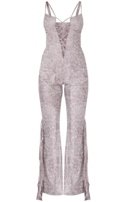 Grey Distressed PU Lace Up Detail Tassel Flared Jumpsuit