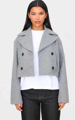 Grey Double Breasted Wool Look Cropped Trench Coat
