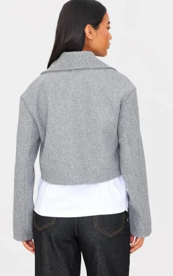 Grey Double Breasted Wool Look Cropped Trench Coat