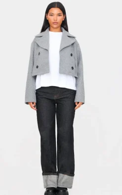 Grey Double Breasted Wool Look Cropped Trench Coat