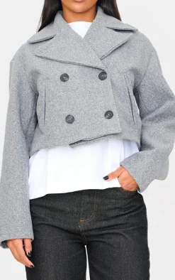 Grey Double Breasted Wool Look Cropped Trench Coat
