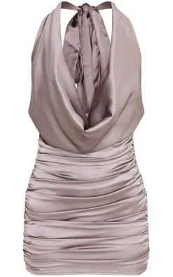 Grey Extreme Cowl Tie Neck Ruched Satin Bodycon Dress