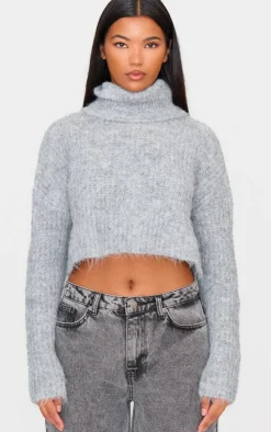 Grey Eyelash Knit High Neck Sweater