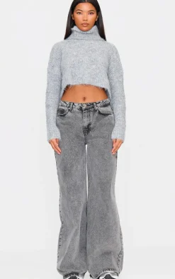 Grey Eyelash Knit High Neck Sweater