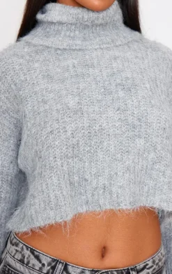 Grey Eyelash Knit High Neck Sweater