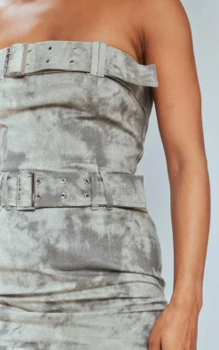 Grey Eyelet Buckle Detail Bandeau Bodycon Dress