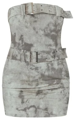 Grey Eyelet Buckle Detail Bandeau Bodycon Dress
