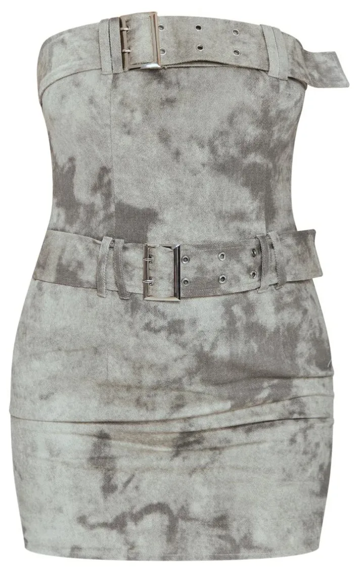Grey Eyelet Buckle Detail Bandeau Bodycon Dress