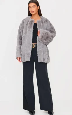 Grey Faux Fur Bubble Vertical Coat