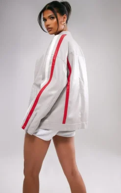 Grey Faux Leather Stripe Side Oversized Biker Jacket