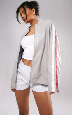 Grey Faux Leather Stripe Side Oversized Biker Jacket