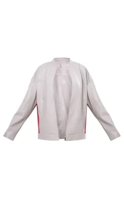 Grey Faux Leather Stripe Side Oversized Biker Jacket