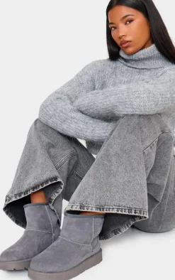 Grey Faux Suede Cleated Ankle Boots