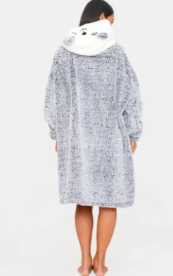 Grey Fleece Panda Applique Hooded Blanket