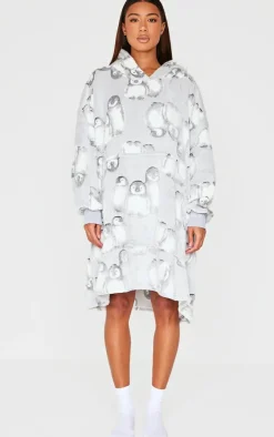 Grey Fleece Penguin Hooded Blanket