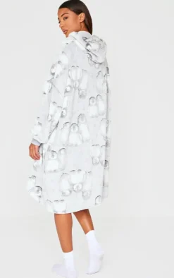 Grey Fleece Penguin Hooded Blanket