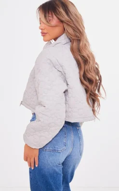 Grey Floral Embossed Cropped Padded Jacket