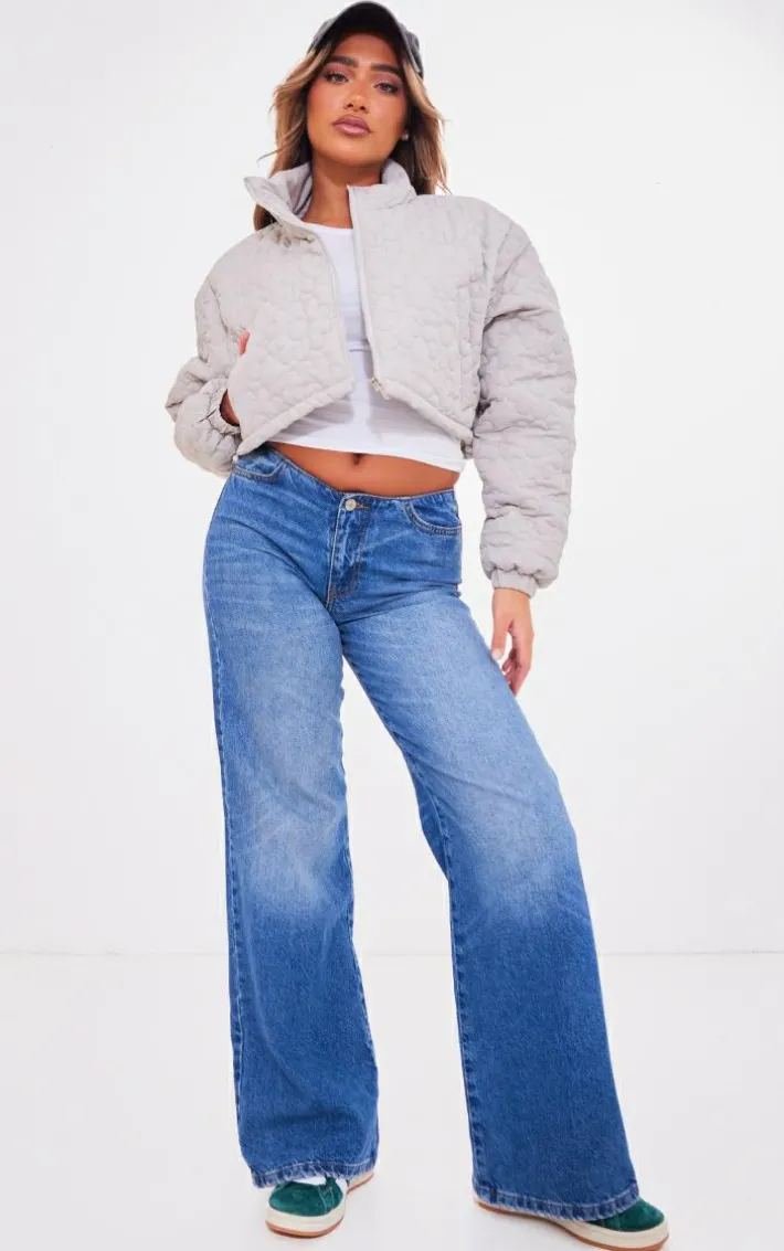 Grey Floral Embossed Cropped Padded Jacket