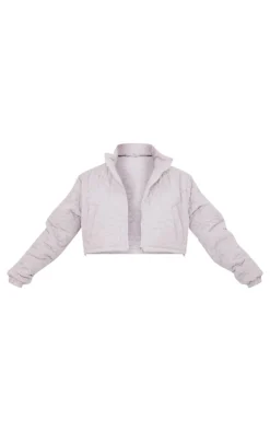 Grey Floral Embossed Cropped Padded Jacket