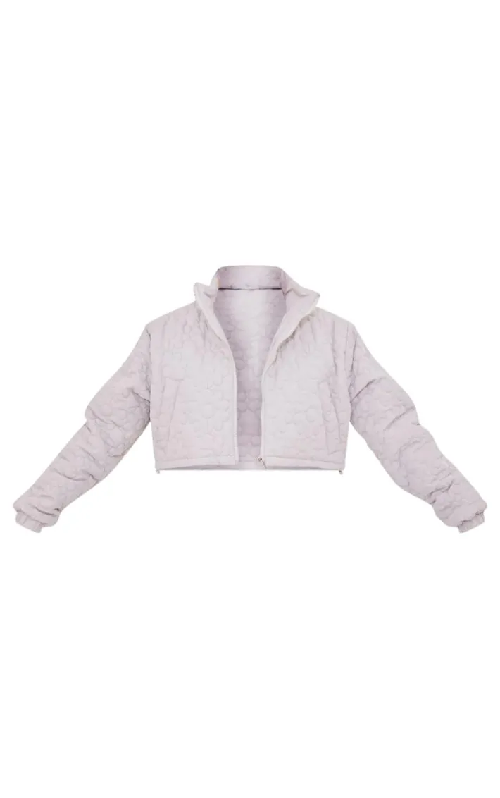 Grey Floral Embossed Cropped Padded Jacket