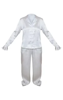 Grey Frill Cuff Satin Long PJ Set