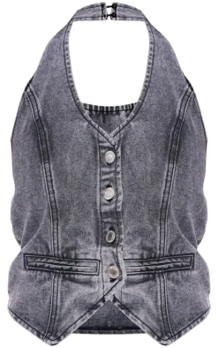 Grey Halterneck Denim Vest