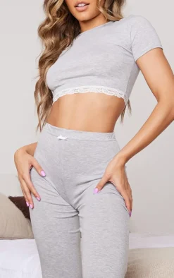 Grey Jersey Lace Trim Long Pj Set