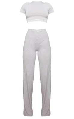 Grey Jersey Lace Trim Long Pj Set